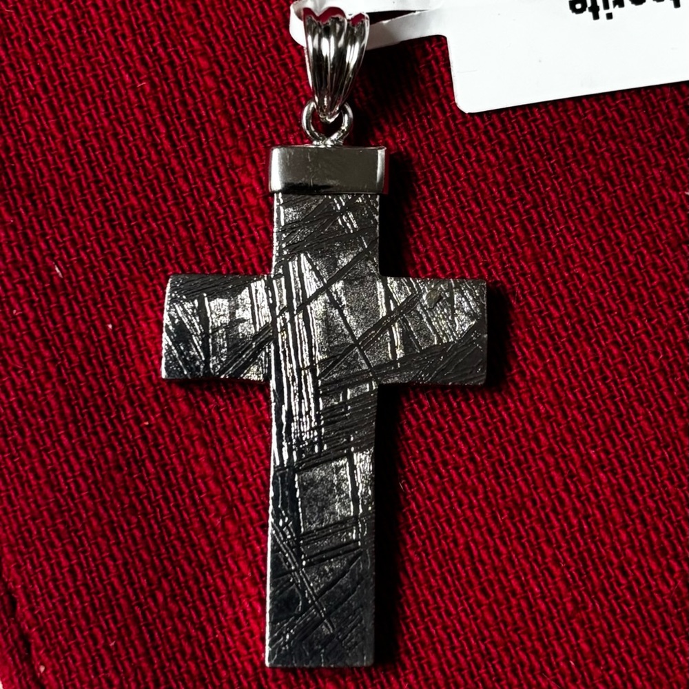 Natural Muonionalusta Large Meteorite Beveled Cross Silver Pendant 925 Unisex